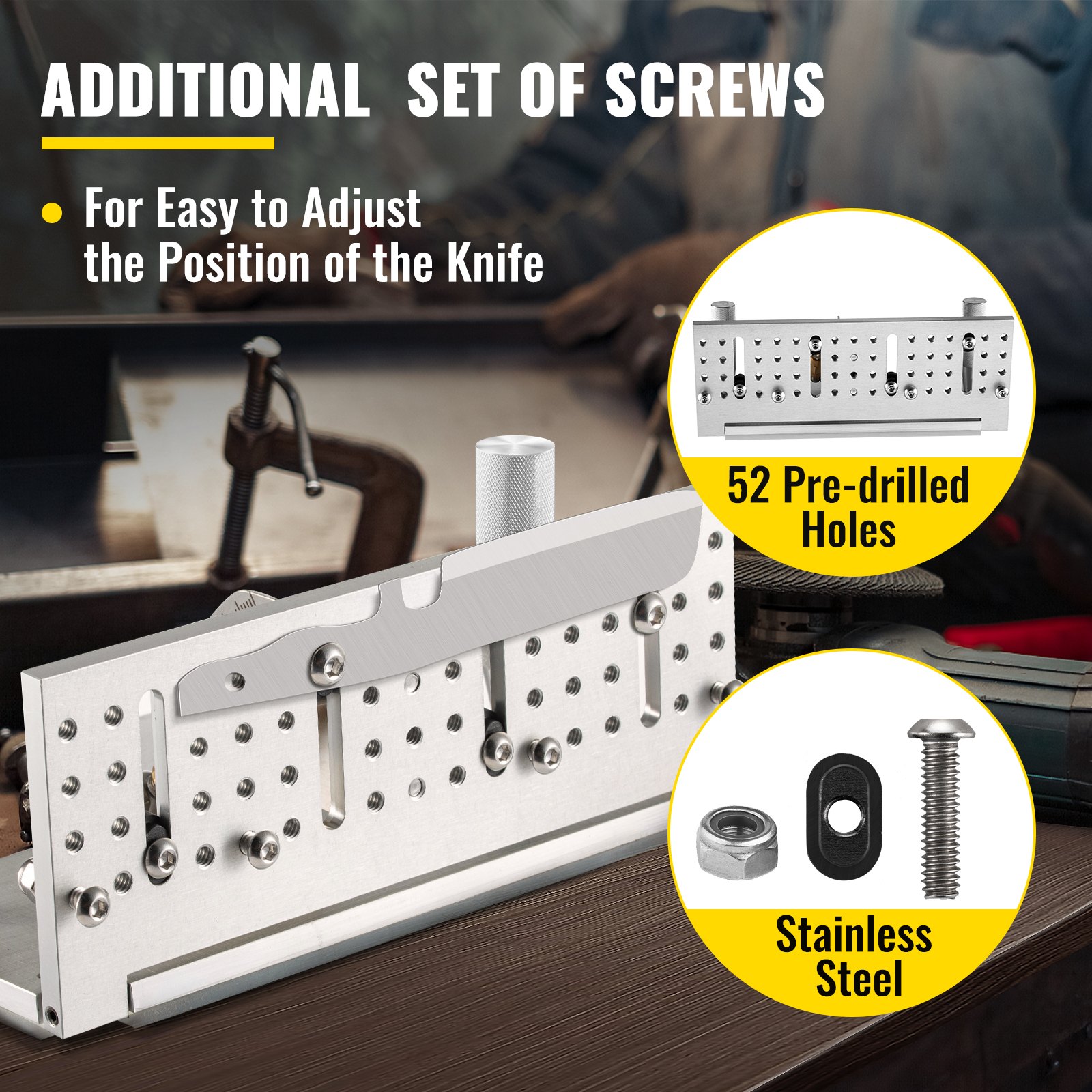 stainless steel VEVOR belt grinder knife jig with 52 pre-drilled holes. additional screws.