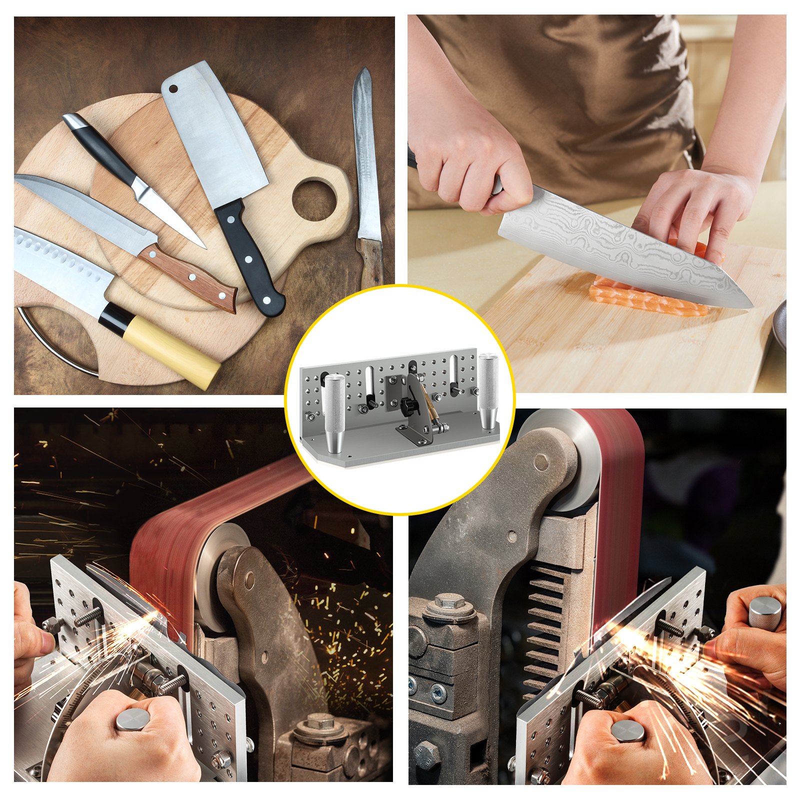 knives and tools with VEVOR belt grinder knife jig for sharpening and precision.