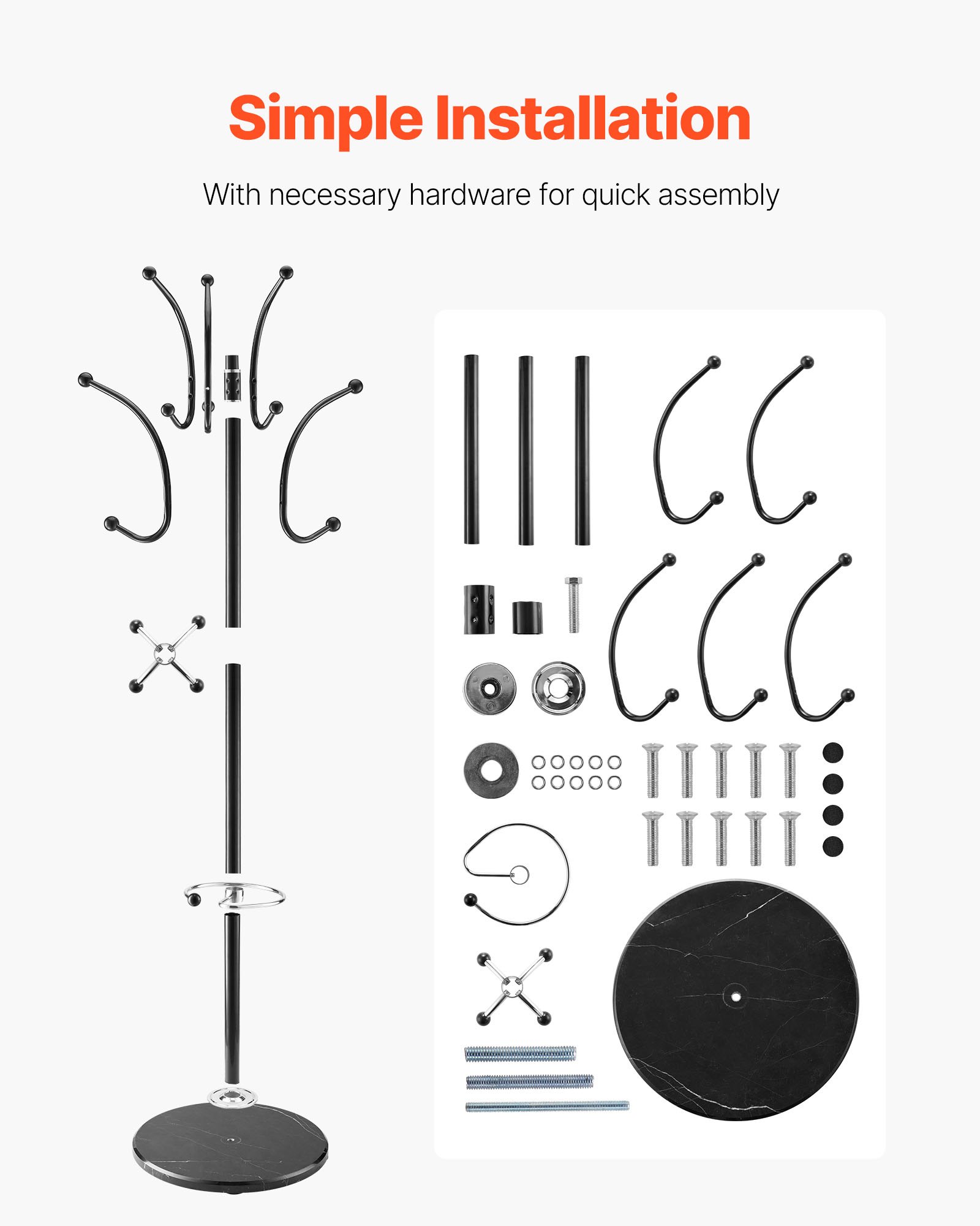 VEVOR Fristående klädhängare, metallklädhängare med paraplyhållare, stabil marmorbas och 14 krokar, hallklädhängare för entré, sovrum, vardagsrum, snygg klädhängare för hattar, halsdukar, väska