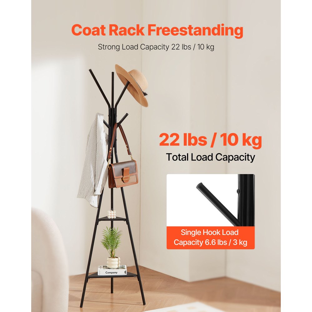 VEVOR Coat Rack, Freestanding Coats Rack Stand with 2 Shelves & 6 Hooks, Free Standing Hall Coat Tree for Entryway, Bedroom, Living Room, Modern Clothes Hanger Stand for Coats, Hats, Scarves, Handbags