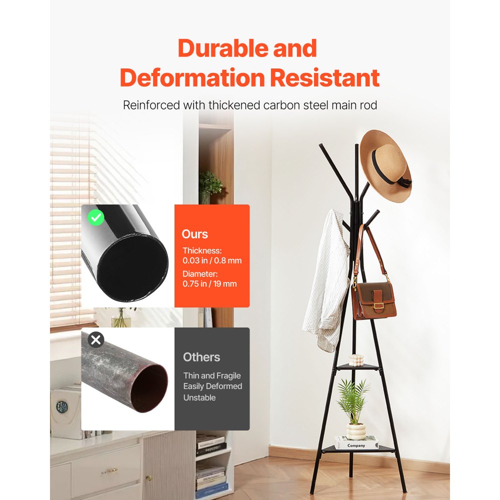 VEVOR Coat Rack, Freestanding Coats Rack Stand with 2 Shelves & 6 Hooks, Free Standing Hall Coat Tree for Entryway, Bedroom, Living Room, Modern Clothes Hanger Stand for Coats, Hats, Scarves, Handbags