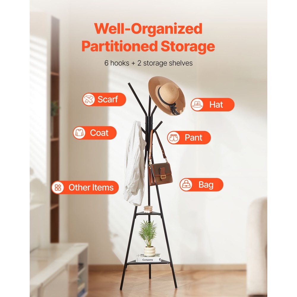 VEVOR Coat Rack, Freestanding Coats Rack Stand with 2 Shelves & 6 Hooks, Free Standing Hall Coat Tree for Entryway, Bedroom, Living Room, Modern Clothes Hanger Stand for Coats, Hats, Scarves, Handbags