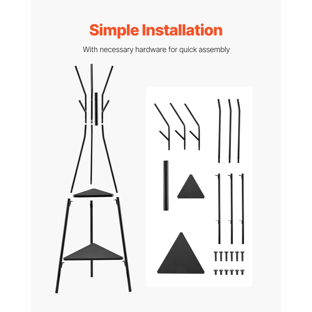 VEVOR Coat Rack, Freestanding Coats Rack Stand with 2 Shelves & 6 Hooks, Free Standing Hall Coat Tree for Entryway, Bedroom, Living Room, Modern Clothes Hanger Stand for Coats, Hats, Scarves, Handbags