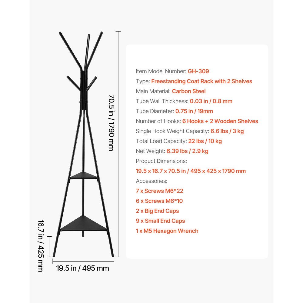 VEVOR Coat Rack, Freestanding Coats Rack Stand with 2 Shelves & 6 Hooks, Free Standing Hall Coat Tree for Entryway, Bedroom, Living Room, Modern Clothes Hanger Stand for Coats, Hats, Scarves, Handbags