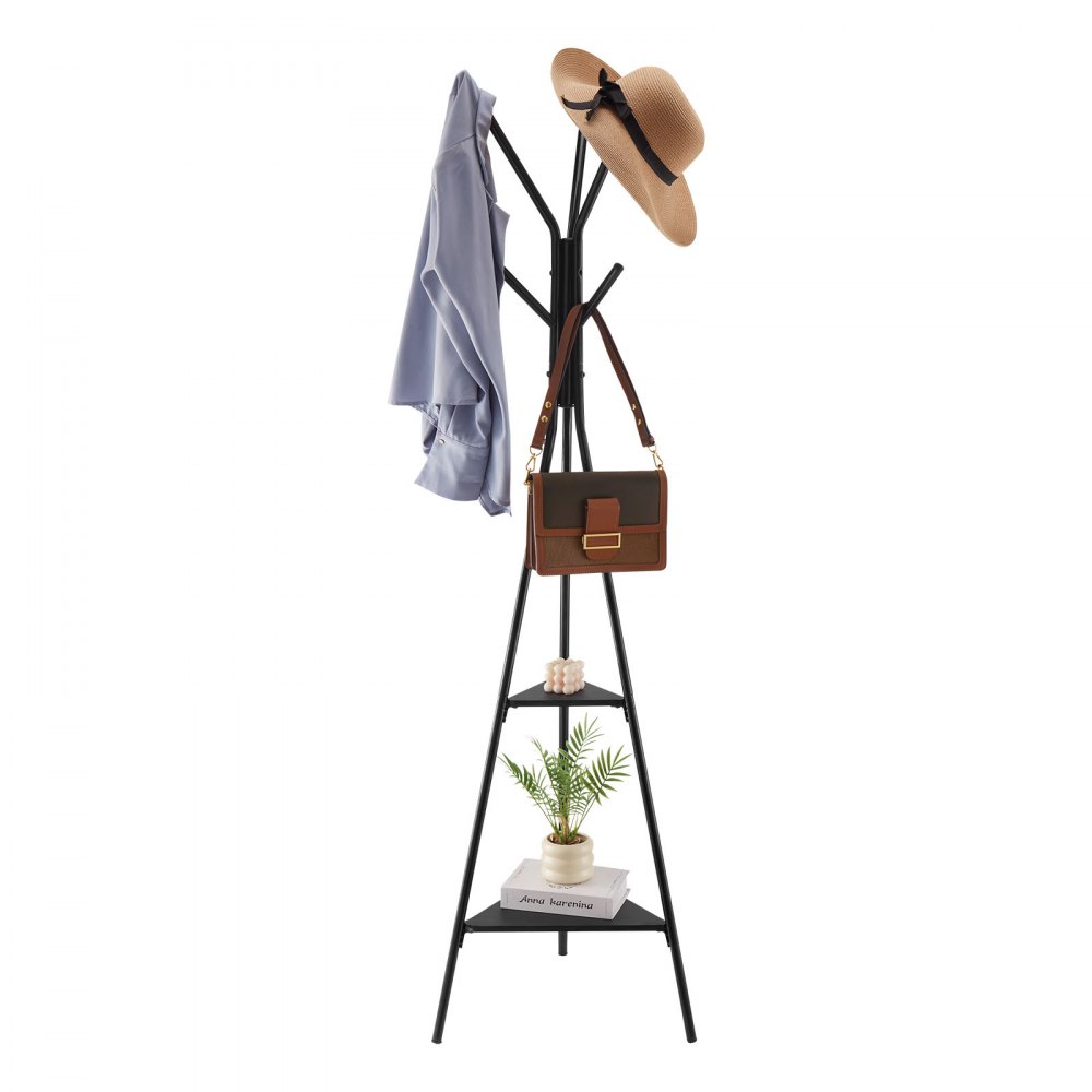 VEVOR Coat Rack, Freestanding Coats Rack Stand with 2 Shelves & 6 Hooks, Free Standing Hall Coat Tree for Entryway, Bedroom, Living Room, Modern Clothes Hanger Stand for Coats, Hats, Scarves, Handbags