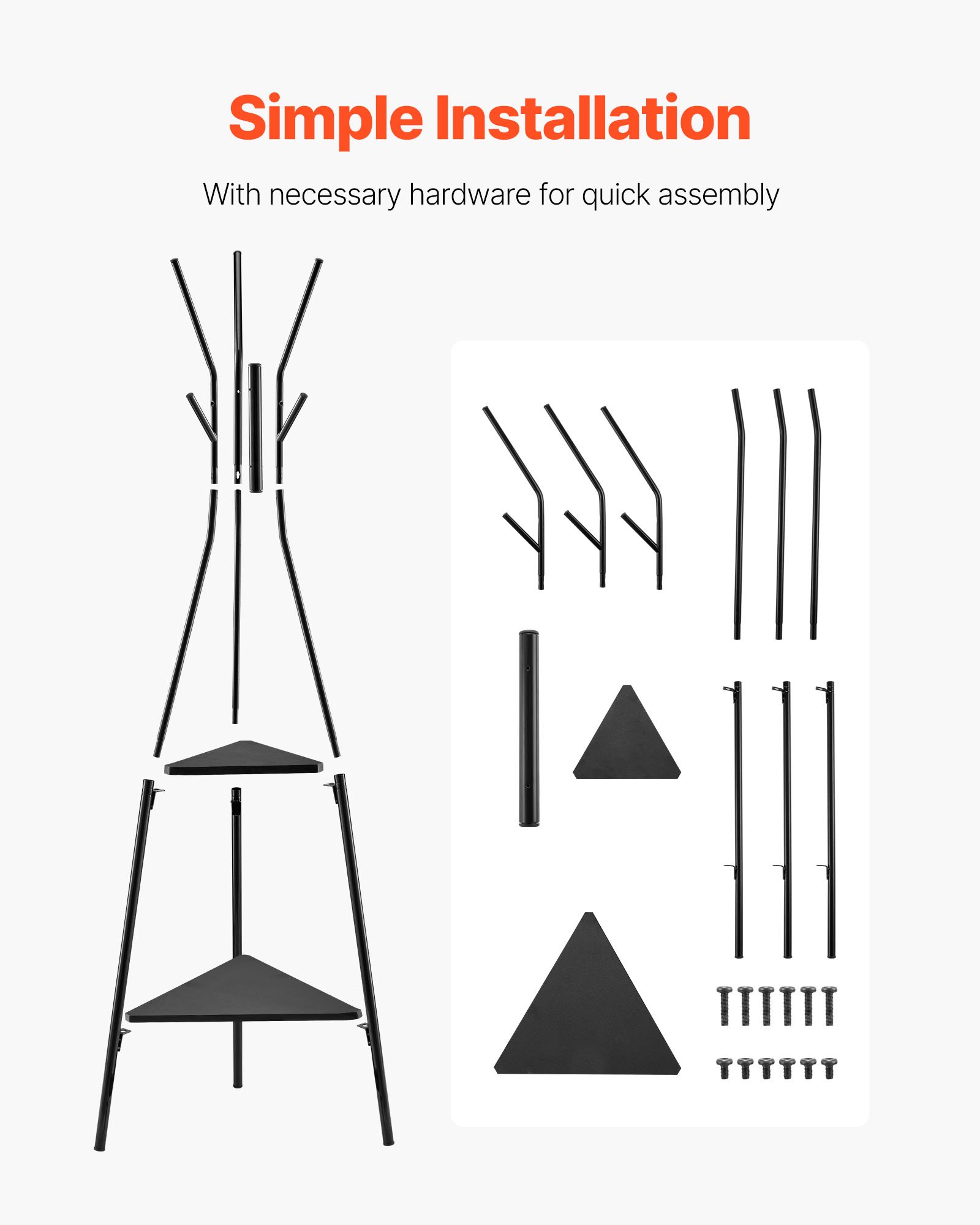 VEVOR Coat Rack, Freestanding Coats Rack Stand with 2 Shelves & 6 Hooks, Free Standing Hall Coat Tree for Entryway, Bedroom, Living Room, Modern Clothes Hanger Stand for Coats, Hats, Scarves, Handbags