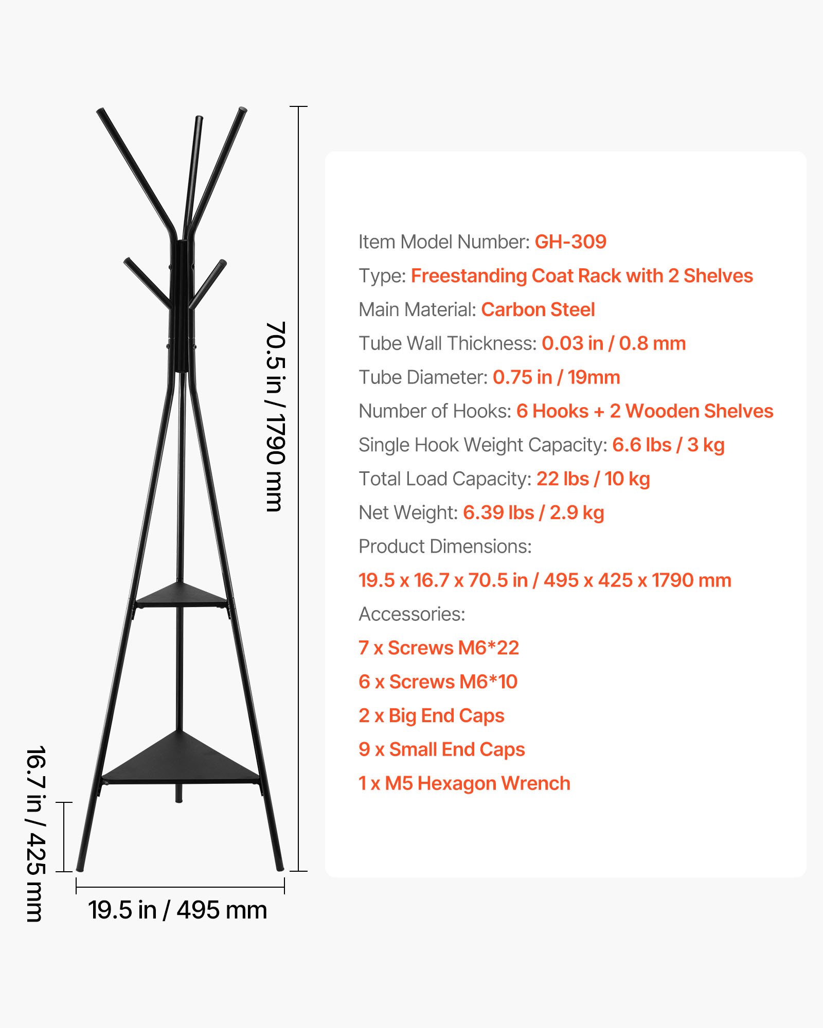 VEVOR Coat Rack, Freestanding Coats Rack Stand with 2 Shelves & 6 Hooks, Free Standing Hall Coat Tree for Entryway, Bedroom, Living Room, Modern Clothes Hanger Stand for Coats, Hats, Scarves, Handbags
