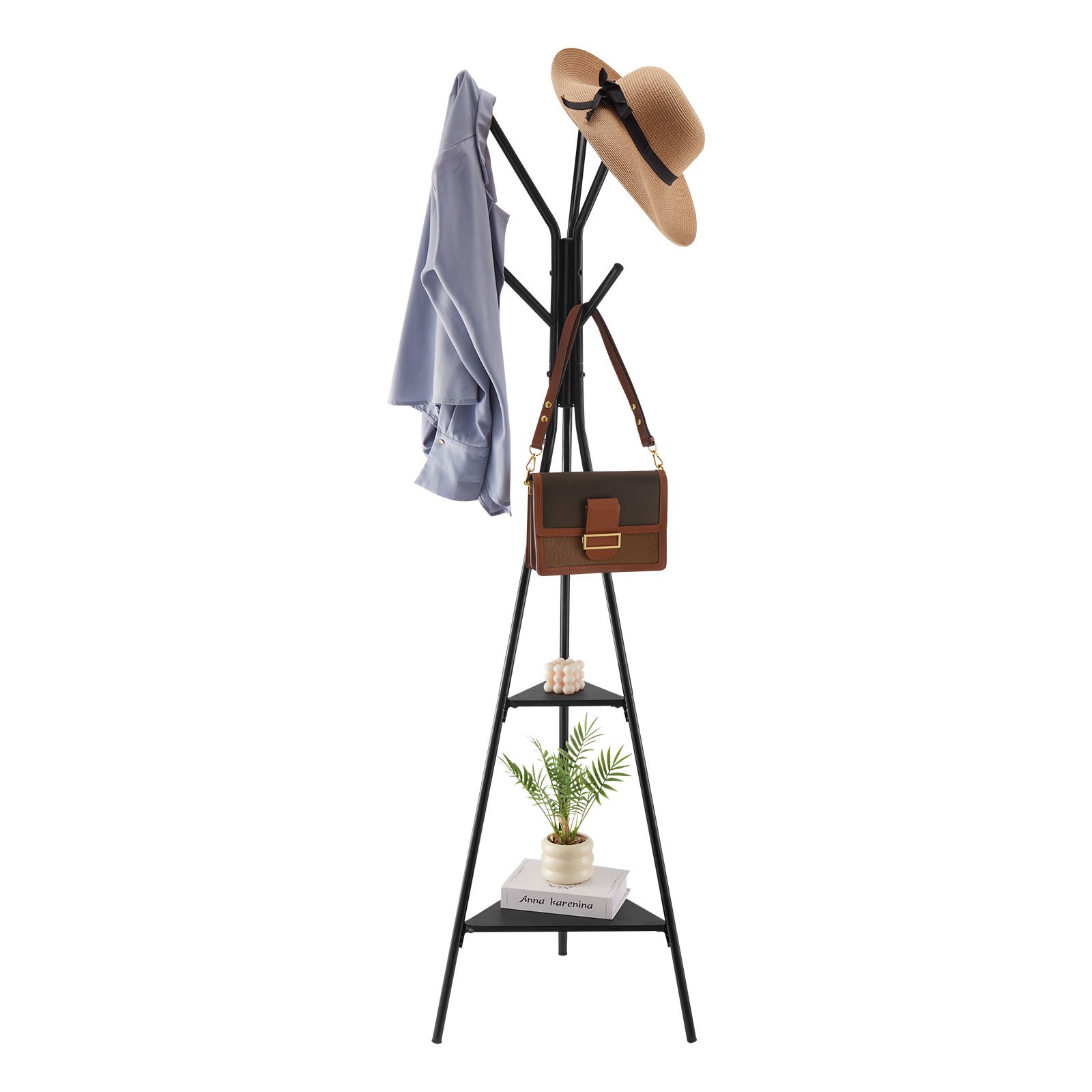 VEVOR Coat Rack, Freestanding Coats Rack Stand with 2 Shelves & 6 Hooks, Free Standing Hall Coat Tree for Entryway, Bedroom, Living Room, Modern Clothes Hanger Stand for Coats, Hats, Scarves, Handbags