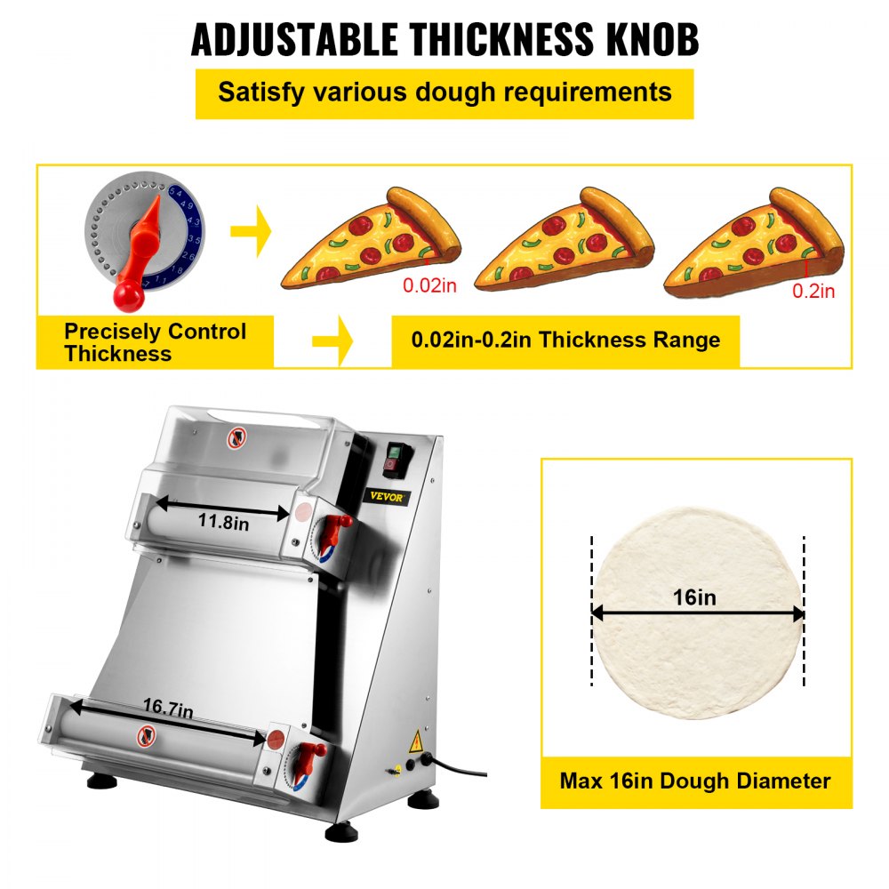VEVOR Pizza Dough Roller Sheeter, Max 16" Automatic Commercial Dough Roller Sheeter, 370W Electric Pizza Dough Roller Stainless Steel, Suitable for Noodle Pizza Bread and Pasta Maker Equipment
