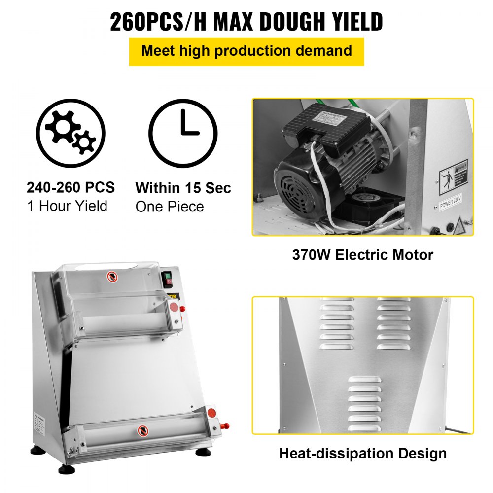 VEVOR Pizza Dough Roller Sheeter, Max 16" Automatic Commercial Dough Roller Sheeter, 370W Electric Pizza Dough Roller Stainless Steel, Suitable for Noodle Pizza Bread and Pasta Maker Equipment