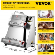 VEVOR Pizza Dough Roller Sheeter, Max 16" Automatic Commercial Dough Roller Sheeter, 370W Electric Pizza Dough Roller Stainless Steel, Suitable for Noodle Pizza Bread and Pasta Maker Equipment