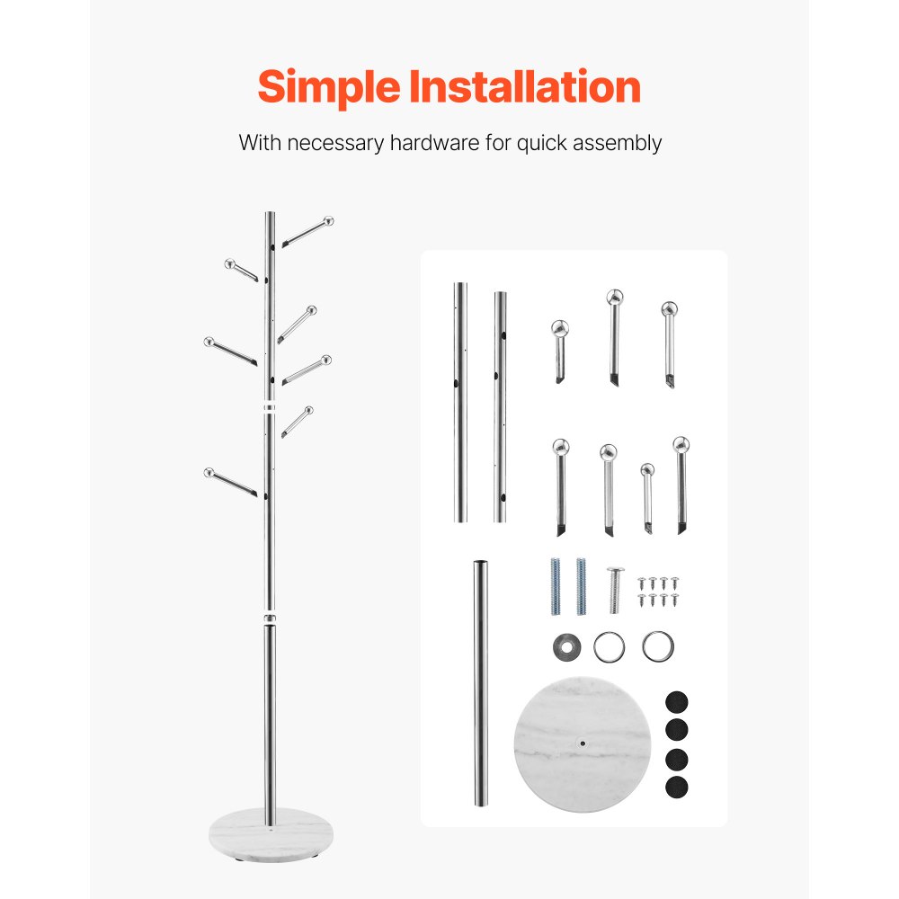 VEVOR Coat Rack, Freestanding Coats Rack Stand with Stable Marble Base & 8 Hooks, Free Standing Hall Coat Tree for Entryway, Bedroom, Office, Living Room, Modern Clothes Hanger for Coats, Hats, Bags
