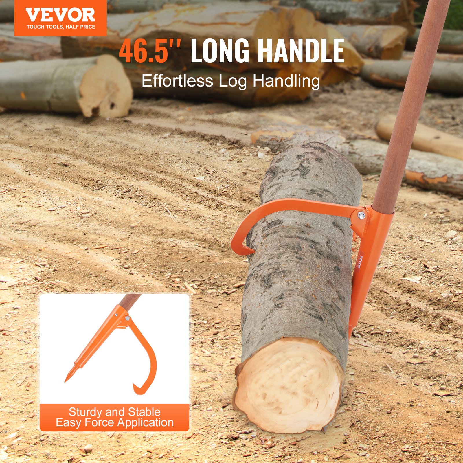 VEVOR Log Peavey 46.5 in Wooden Handle Log Lifter Max 18 in Opening Log Roller