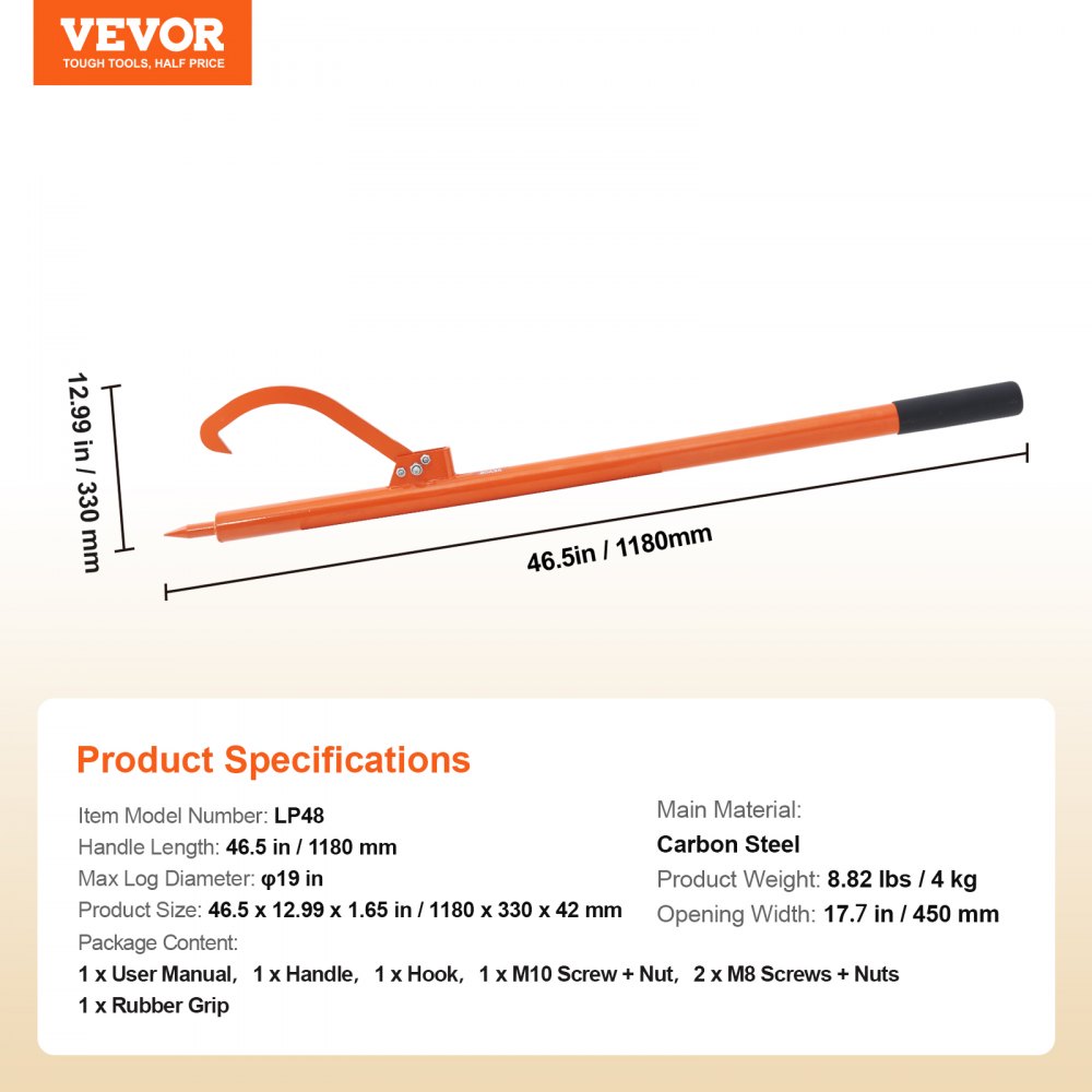 VEVOR Log Peavey, 46.5 in, Metal Handle Log Lifter, Heavy Duty Log Roller with Max 483mm Opening, Rust-Resistant Log Jack Cant Hook, Felling Log Roller Tool for Rolling, Raising, Turning Logs