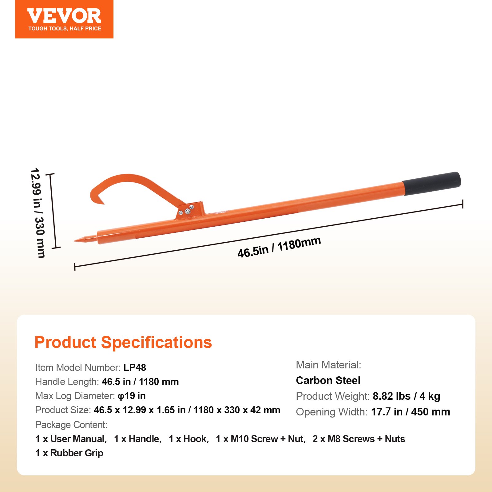 VEVOR Log Peavey, 46.5 in, Metal Handle Log Lifter, Heavy Duty Log Roller with Max 483mm Opening, Rust-Resistant Log Jack Cant Hook, Felling Log Roller Tool for Rolling, Raising, Turning Logs
