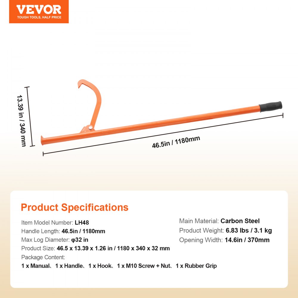 VEVOR Cant Hook Tool, 1180 mm, Heavy Duty Steel Log Roller, Log Lifter Timber Jack 813mm Dia Logs, Forestry Logging Tools, Dual Function Log Handler for Rolling and Clamping Logs