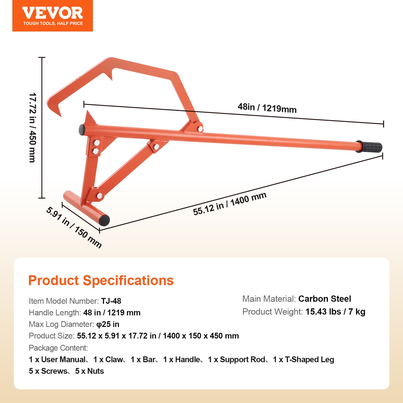 VEVOR Timberjack, 1219 mm, Heavy Duty Steel Log Roller, Log Lifter with Adjustable Cant Hook, Logging Tools Log Jack for Logs Ups to 635mm Dia, Timber Jack for Rolling Cutting and Lifting Logs