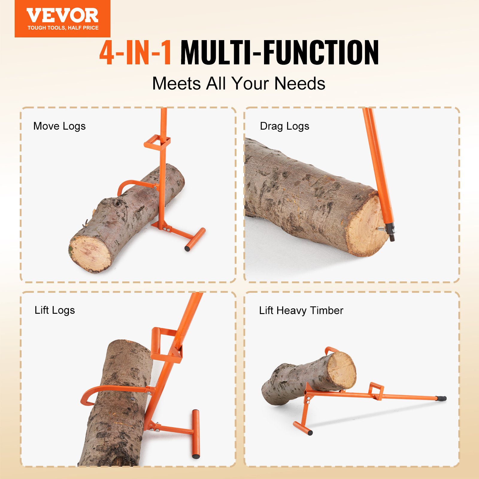 VEVOR Timberjack, 1219 mm, 4 in 1 Heavy Duty Steel Log Lifter, Multifunctional Log Roller Adjustable Cant Hook, Logging Tools Log Jack, Forestry Multitool for Rolling Cutting Lifting Logs