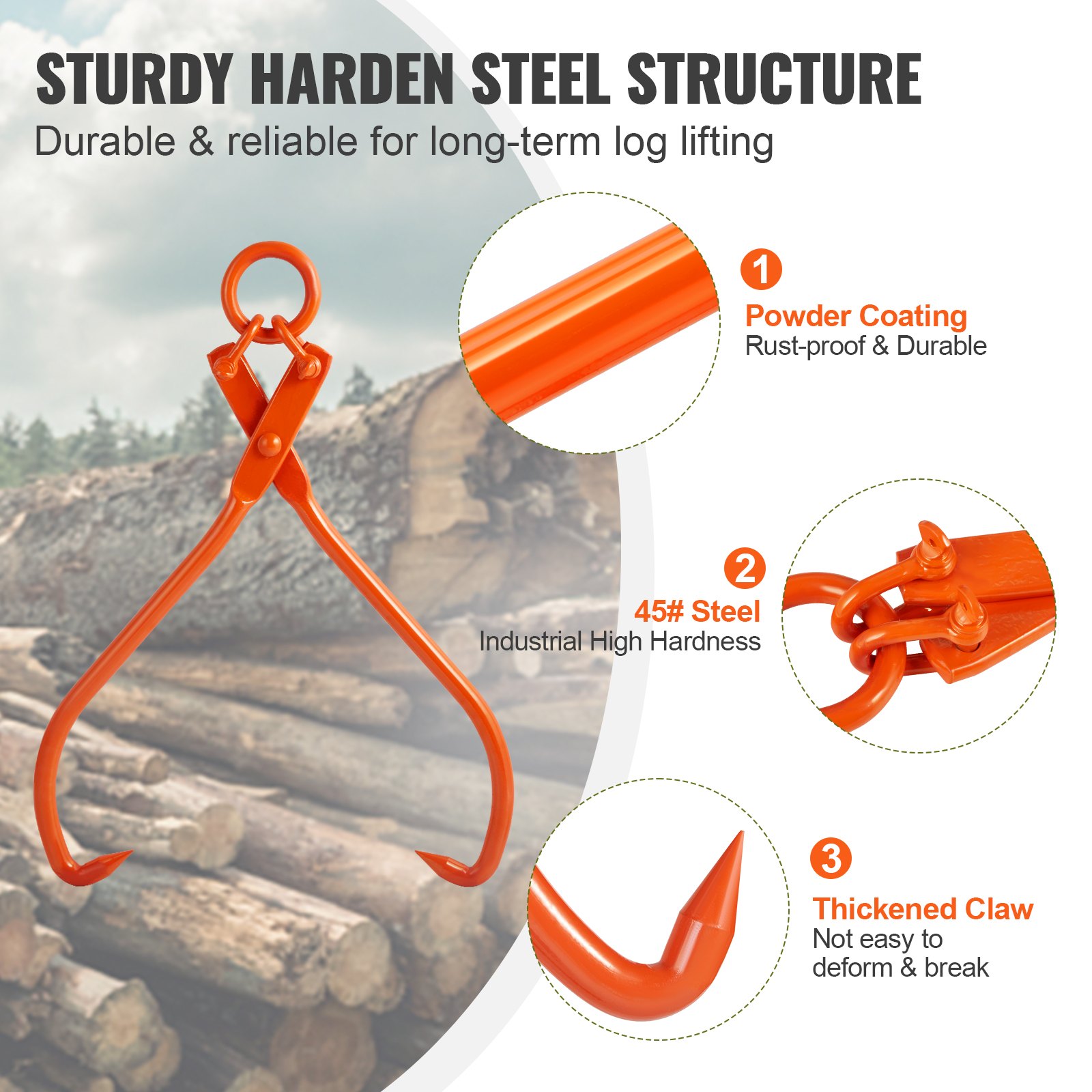 VEVOR Log Skidding Tongs, 813mm 2 Claw Log Lifting Tongs, Heavy Duty Steel Lumber Skidding Tongs, 700 kg Loading Capacity, Log Lifting, Handling, Dragging & Carrying Tool