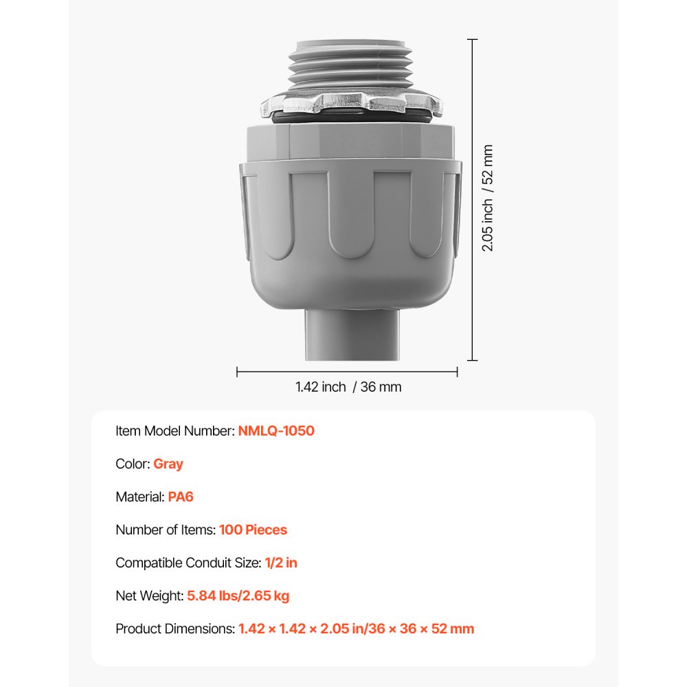 Conector hermético para conductos no metálicos VEVOR de 1/2 pulg. (100 unidades)