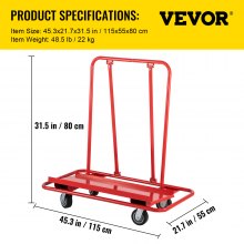 VEVOR Drywall Cart, 45.3"L × 21.7"W × 31.5"H Drywall Sheet Carts with 2200 LBS/1 Ton Load Capacity, Heavy Duty Plasterboard Trolley w/ Four 5" Wheels, Service Dolly for Handling Sheetrock Sheet Panel