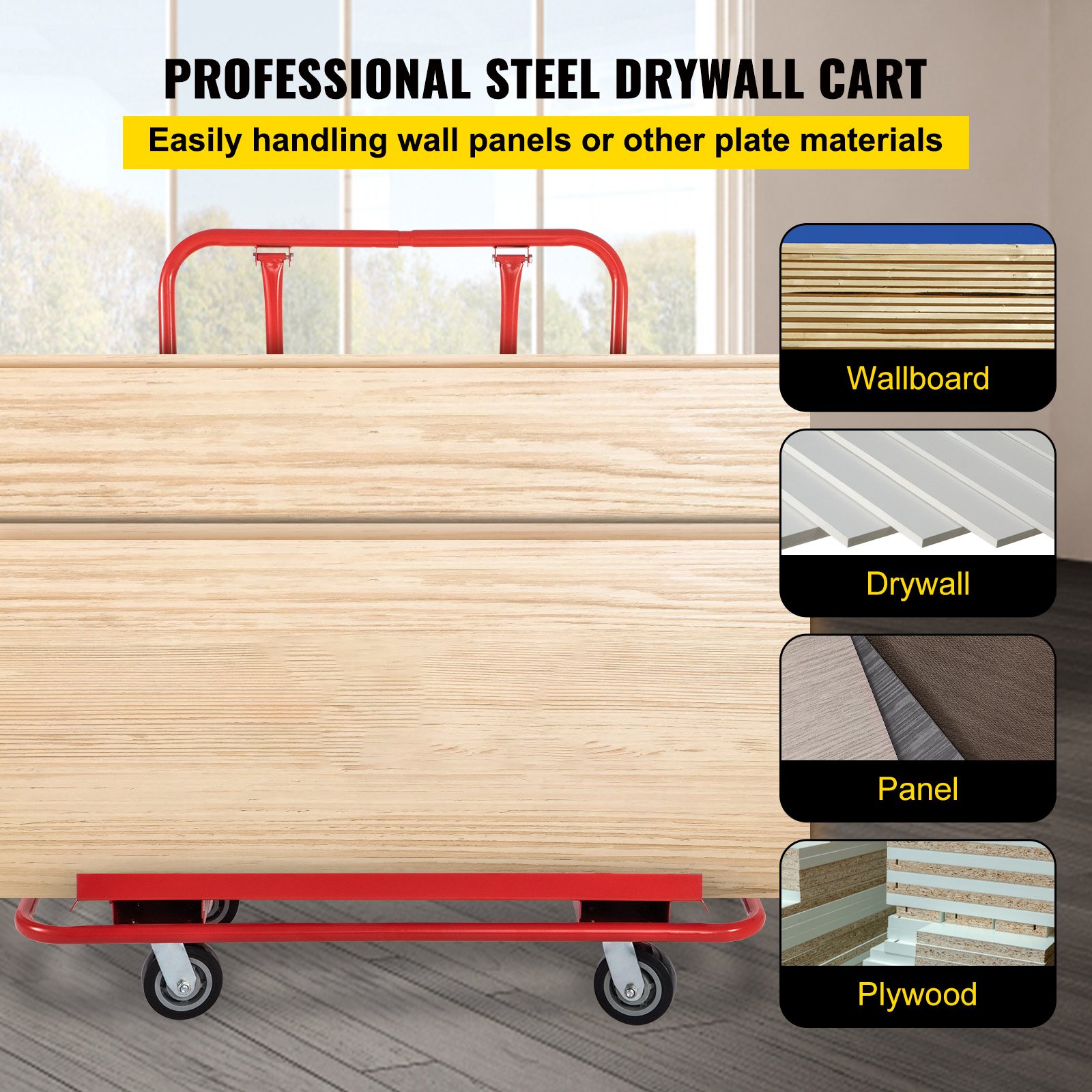 VEVOR drywall cart: durable steel cart for handling wall panels, plywood, and other materials easily.