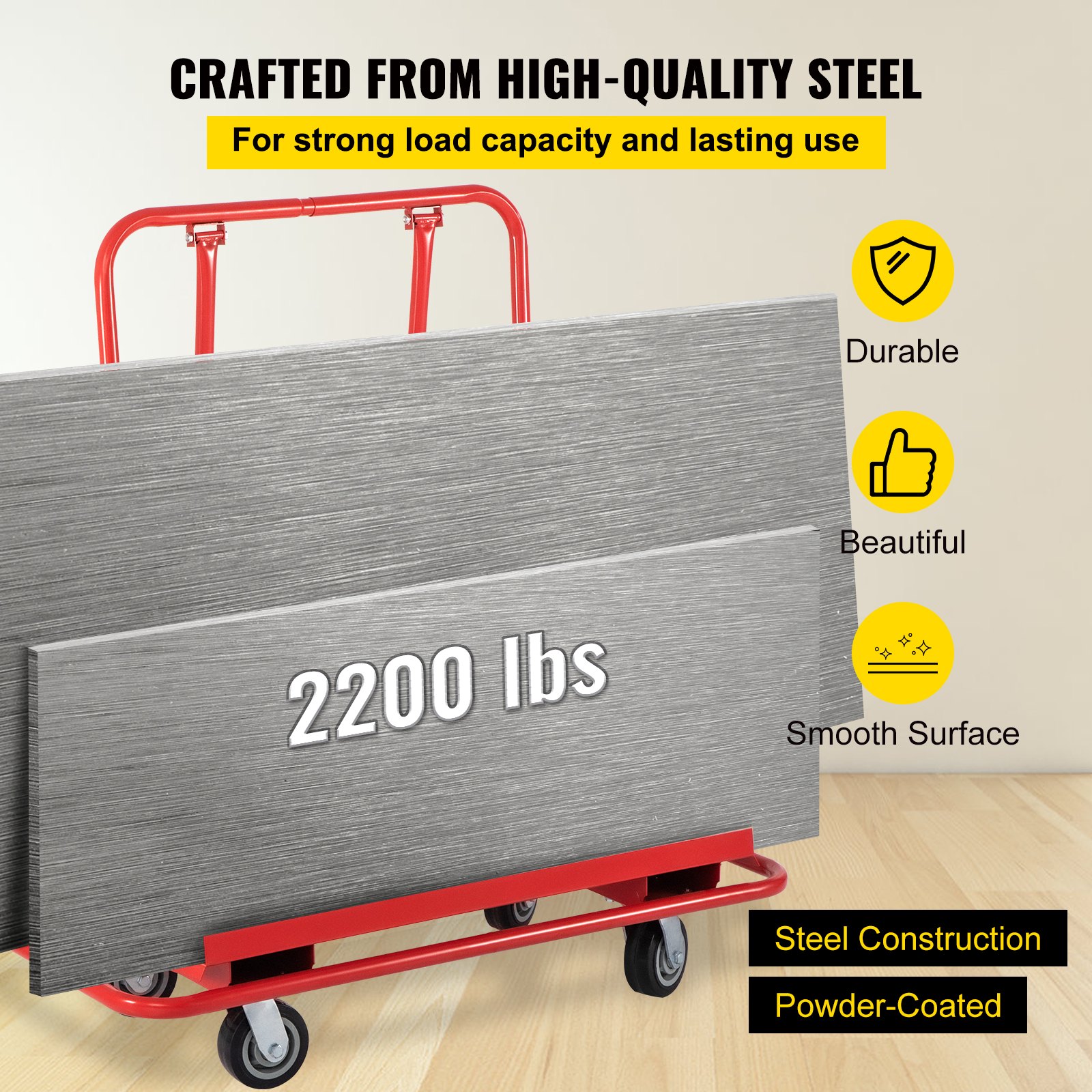 VEVOR drywall cart with 2200 lbs load capacity, durable steel construction, and red powder-coated frame.