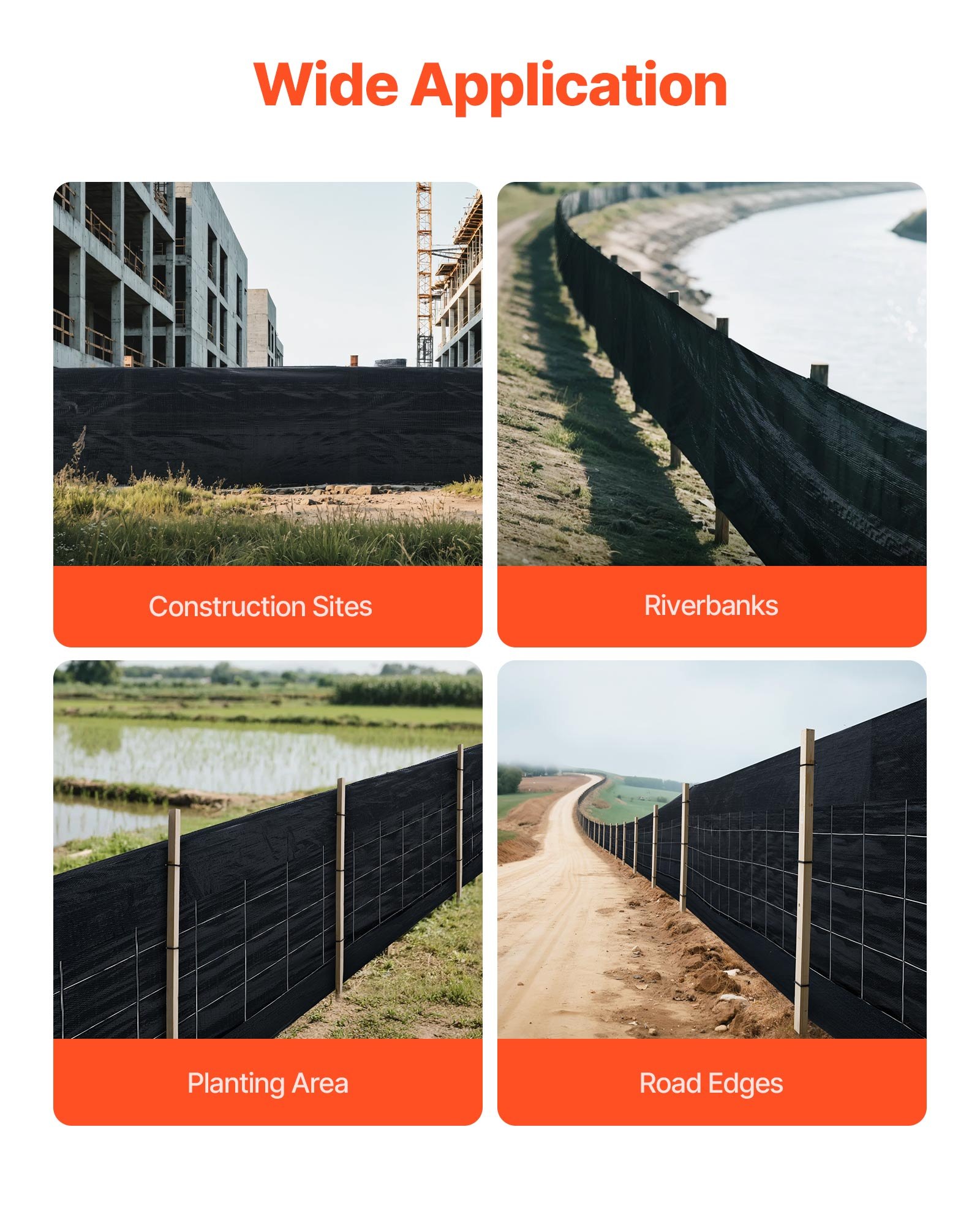 Rollo de tela para barrera contra sedimentos VEVOR, 2 x 30 m, malla de alambre con refuerzo, barrera antierosión para retención de sedimentos, tela de polipropileno resistente temporal de grado industrial para obras de construcción