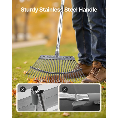 5FT Metal Garden Rake - 25 Tine 18 Inch Wide Adjustable Leaf Rake For Lawns & Yards