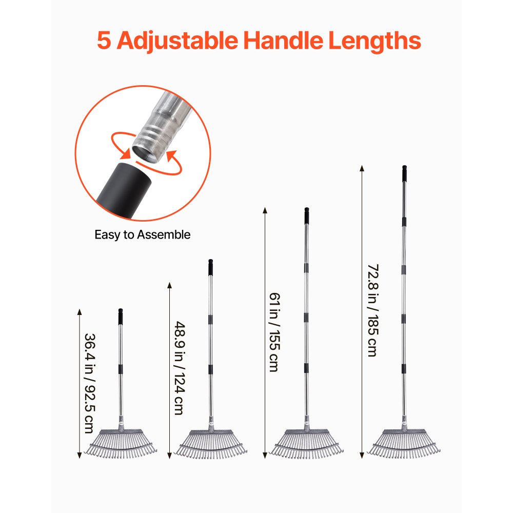 VEVOR Leaf Rake, 25 Metal Tines, Adjustable Garden Rake for Lawns with 18.3 Inch Wide Head & 36.4-72.8 Inch Long Handle, Heavy Duty Stainless Steel Small Leaves Tool for Gardening Camping Yard Grass