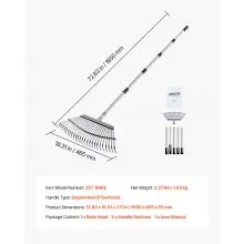 VEVOR Leaf Rake Steel Garden Rake 25-Tine 36.4-72.8 Inch Adjustable Long Handle