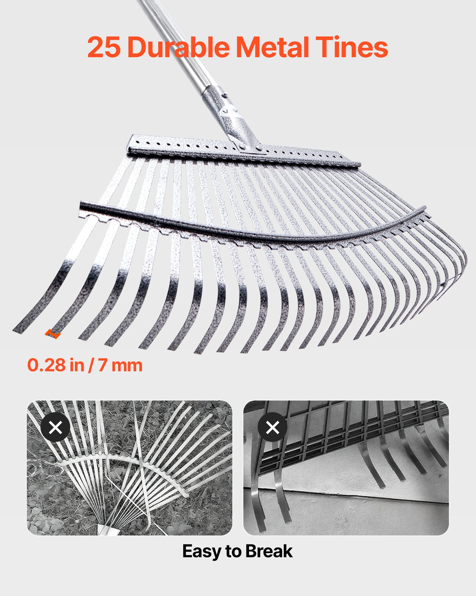 VEVOR Leaf Rake, 25 Metal Tines, Adjustable Garden Rake for Lawns with 18.3 Inch Wide Head & 36.4-72.8 Inch Long Handle, Heavy Duty Stainless Steel Small Leaves Tool for Gardening Camping Yard Grass