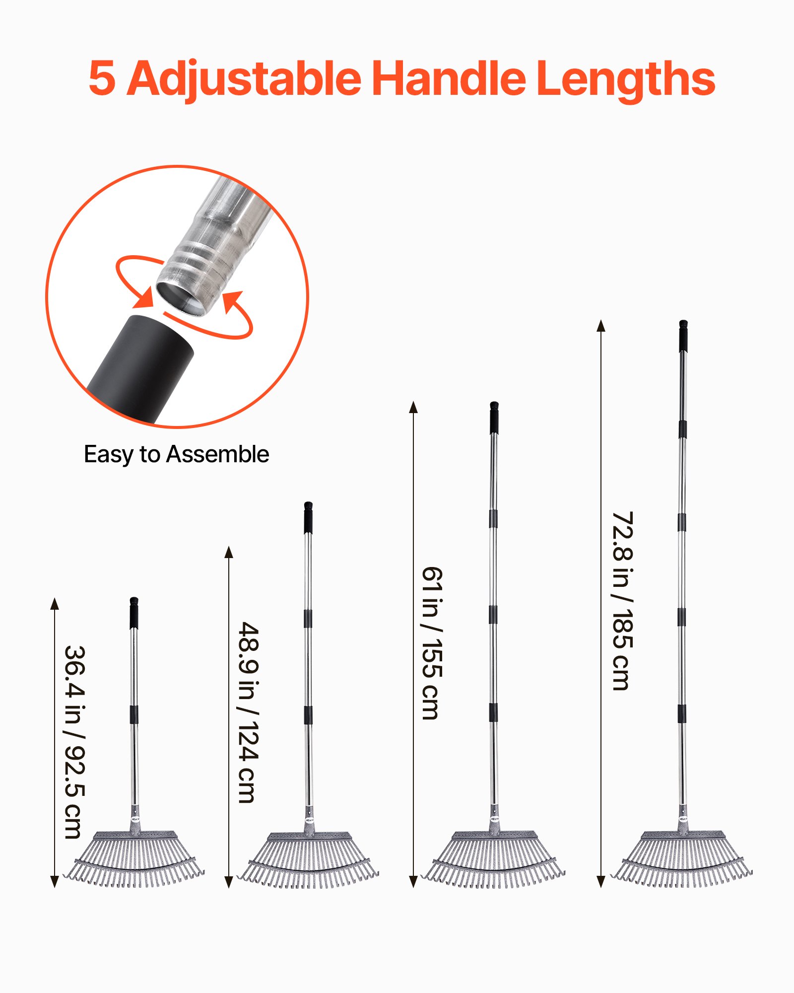 VEVOR Leaf Rake, 25 Metal Tines, Adjustable Garden Rake for Lawns with 18.3 Inch Wide Head & 36.4-72.8 Inch Long Handle, Heavy Duty Stainless Steel Small Leaves Tool for Gardening Camping Yard Grass