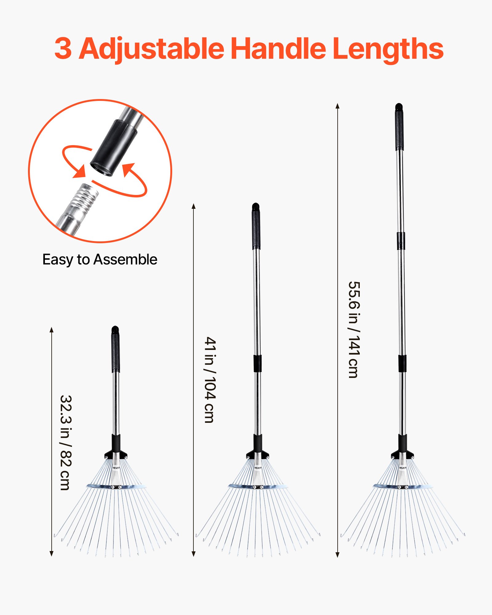 VEVOR Leaf Rake, 18 Metal Tines, Adjustable Garden Rake for Lawns with 7.7-17.1 Inch Head & 32.3-55.6 Inch Long Handle, Heavy Duty Stainless Steel Small Leaves Tool for Gardening Camping Yard Grass