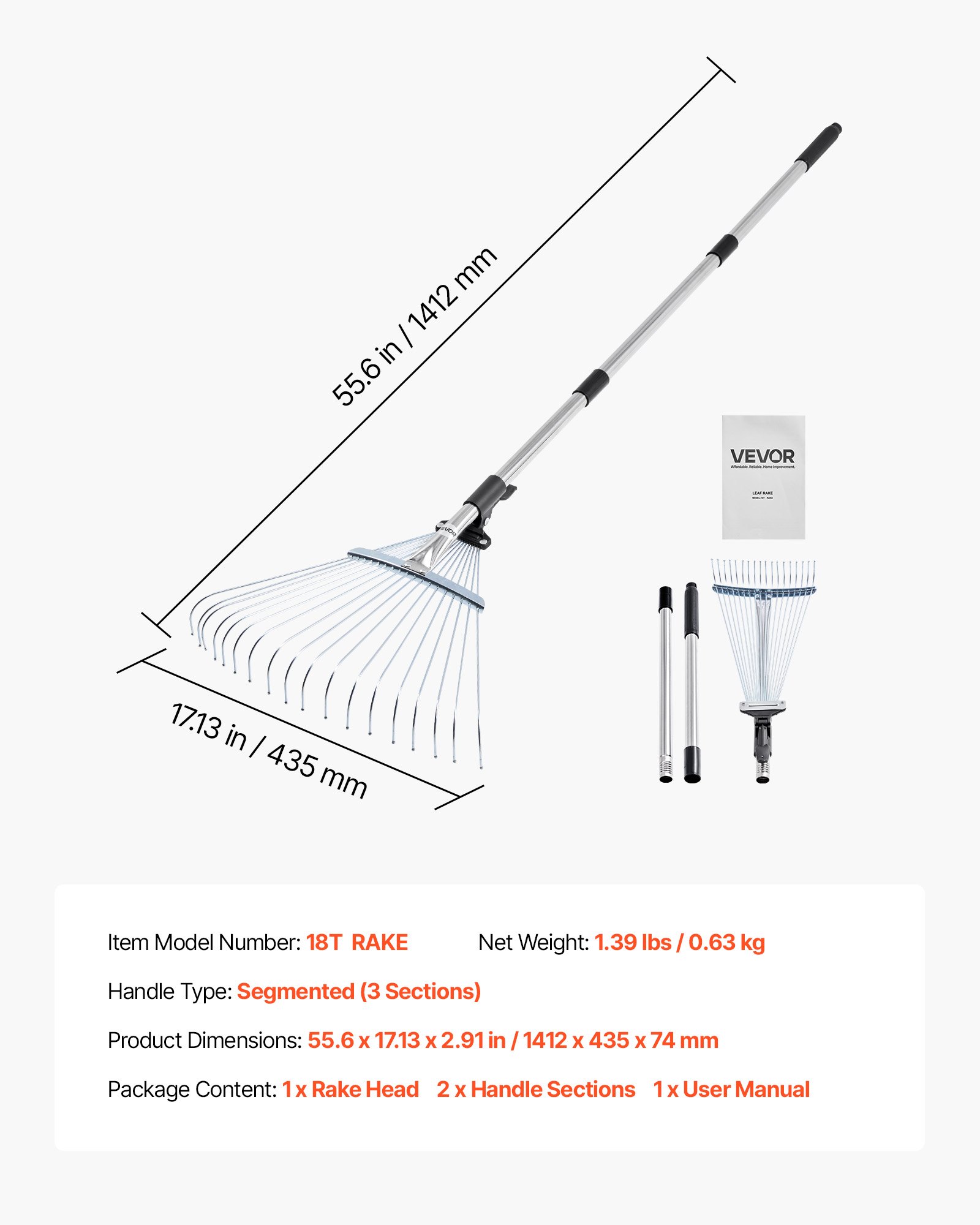 VEVOR Leaf Rake, 18 Metal Tines, Adjustable Garden Rake for Lawns with 7.7-17.1 Inch Head & 32.3-55.6 Inch Long Handle, Heavy Duty Stainless Steel Small Leaves Tool for Gardening Camping Yard Grass