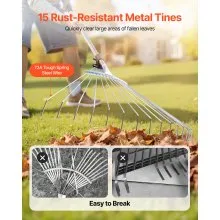 VEVOR Leaf Rake Steel Garden Rake 15-Tine with 32-63 Inch Adjustable Long Handle