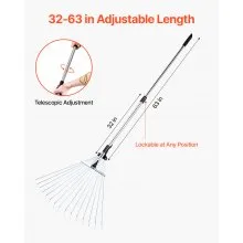 VEVOR Leaf Rake Steel Garden Rake 15-Tine with 32-63 Inch Adjustable Long Handle