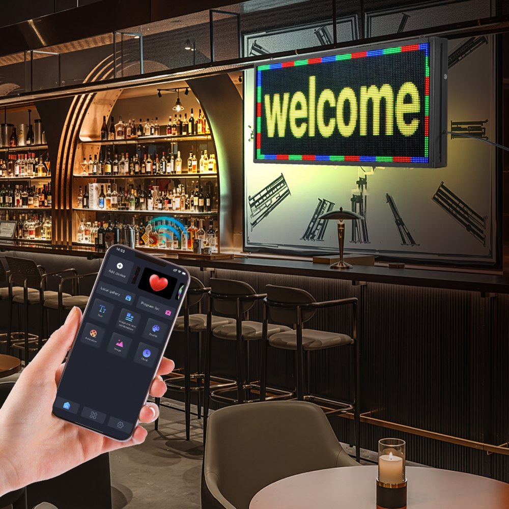 VEVOR Programmable LED Sign, P5 Full Color Flexible Digital Scrolling Panel, DIY Custom Text Pattern GIF Display, Bluetooth APP Control Message Board for Store Business Advertising, Indoor 27x14 in