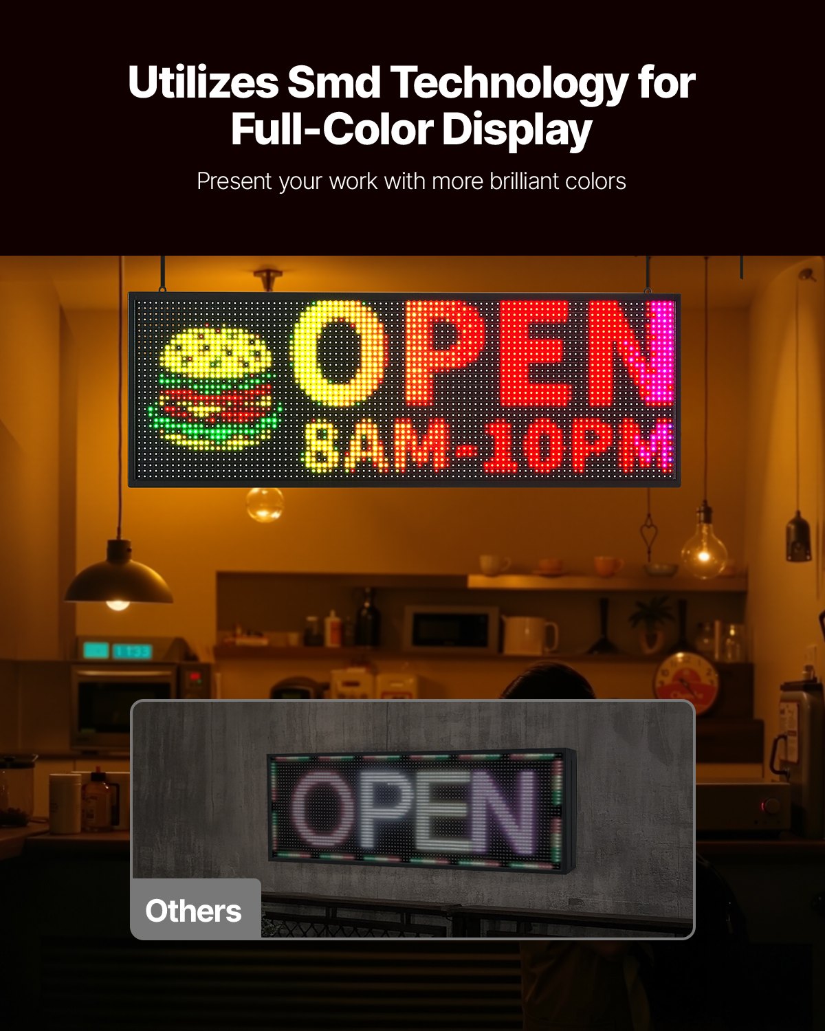 VEVOR Programmable LED Sign, P10 Full Color Flexible Digital Scrolling Panel, DIY Custom Text Pattern GIF Display Board, Bluetooth APP Control Message Shop Sign for Store Business Advertising, 40x14 in