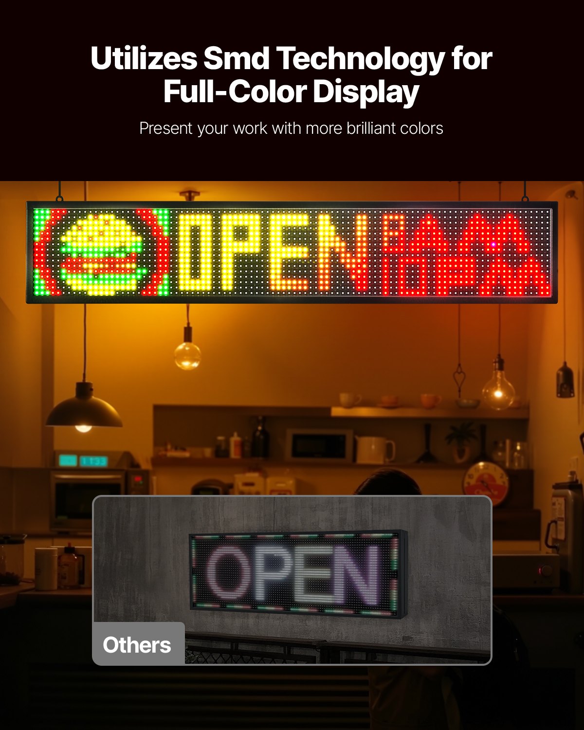 VEVOR Programmable LED Sign, P10 Full Color Flexible Digital Scrolling Panel, DIY Custom Text Pattern GIF Display Board, Bluetooth APP Control Message Shop Sign for Store Business Advertising, 40x8 in
