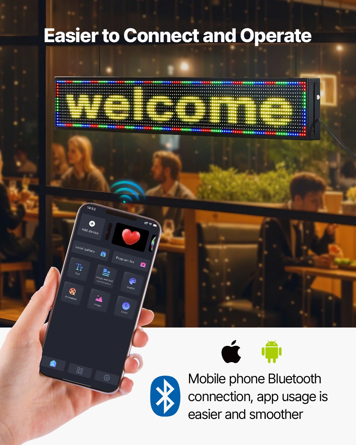 VEVOR Programmable LED Sign, P10 Full Color Flexible Digital Scrolling Panel, DIY Custom Text Pattern GIF Display Board, Bluetooth APP Control Message Shop Sign for Store Business Advertising, 52x8 in