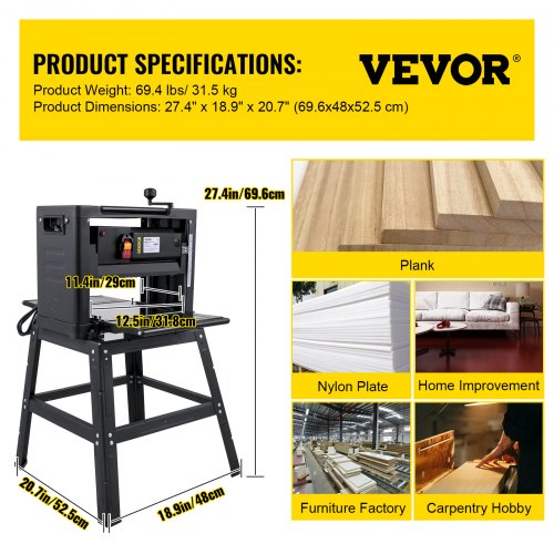 VEVOR Thickness Planer 12.5 inch Wood Planer Foldable 1500W Thickness Planer Woodworking 315"/min Feed Rate Double Cutter Benchtop Thickness Planer with Dust Exhaust Interface Stand for Woodworking