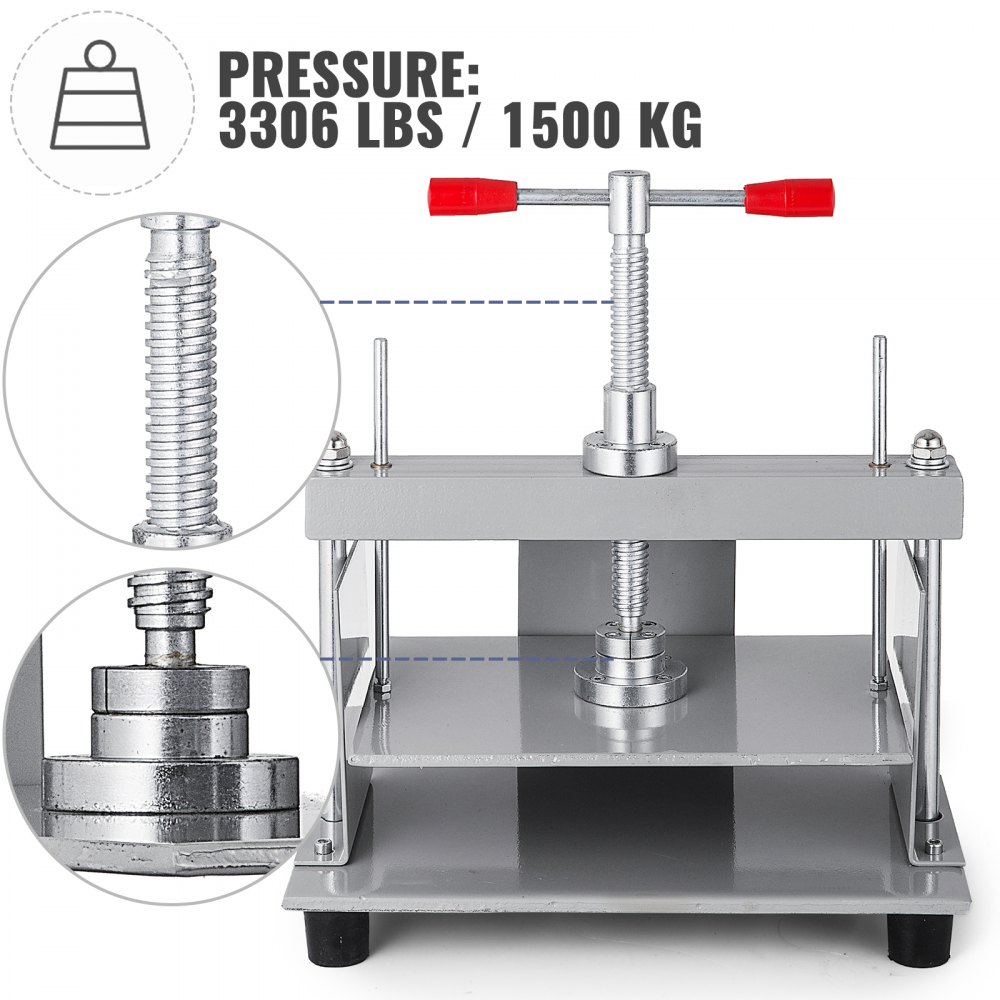 VEVOR manual paper press machine, 3306 lbs pressure, red handles, close-up screws.