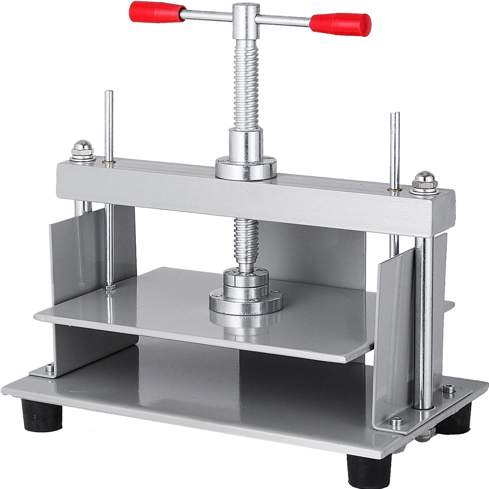 VEVOR manual paper press machine with red handles and metallic frame.