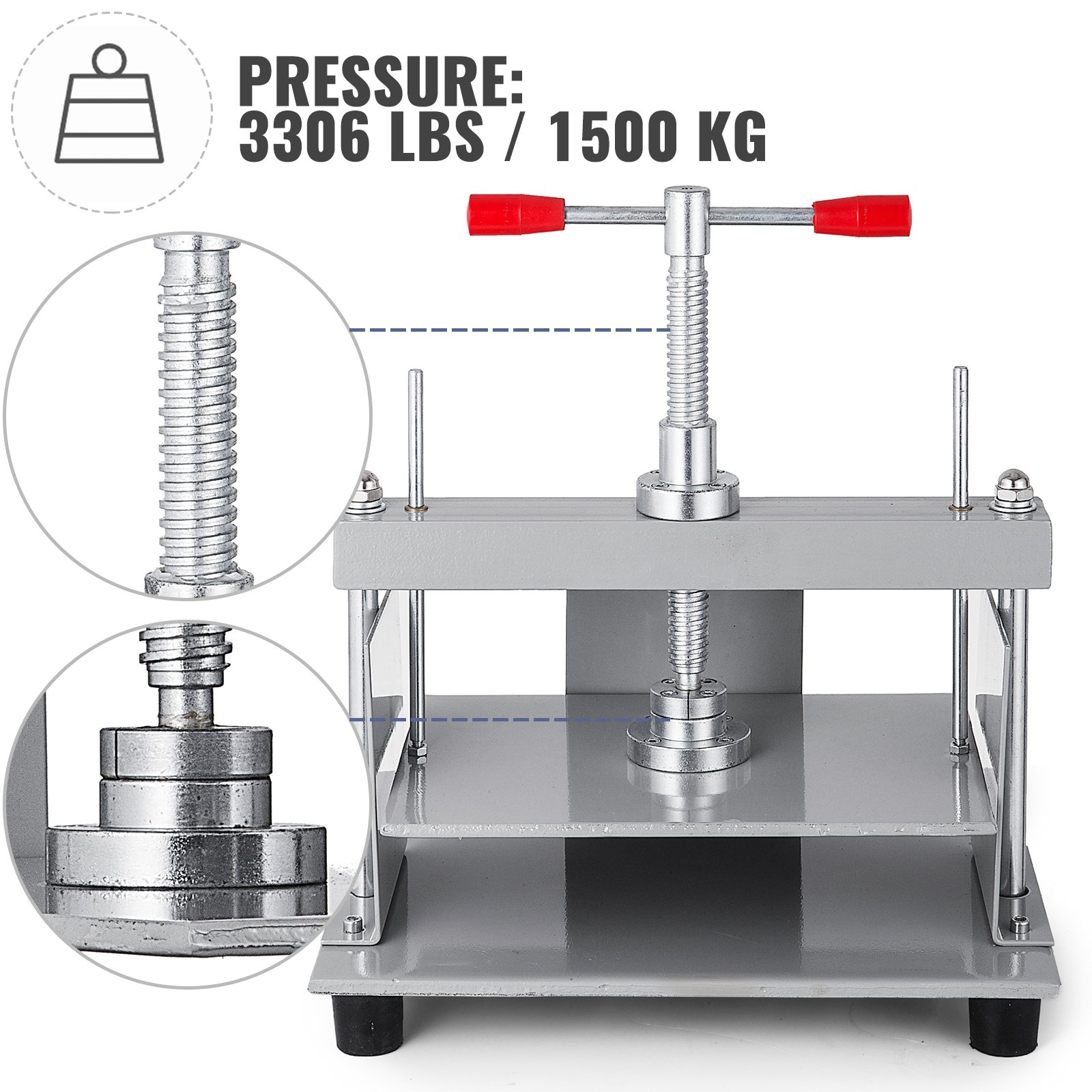 VEVOR manual paper press machine, 3306 lbs pressure, red handles, close-up screws.