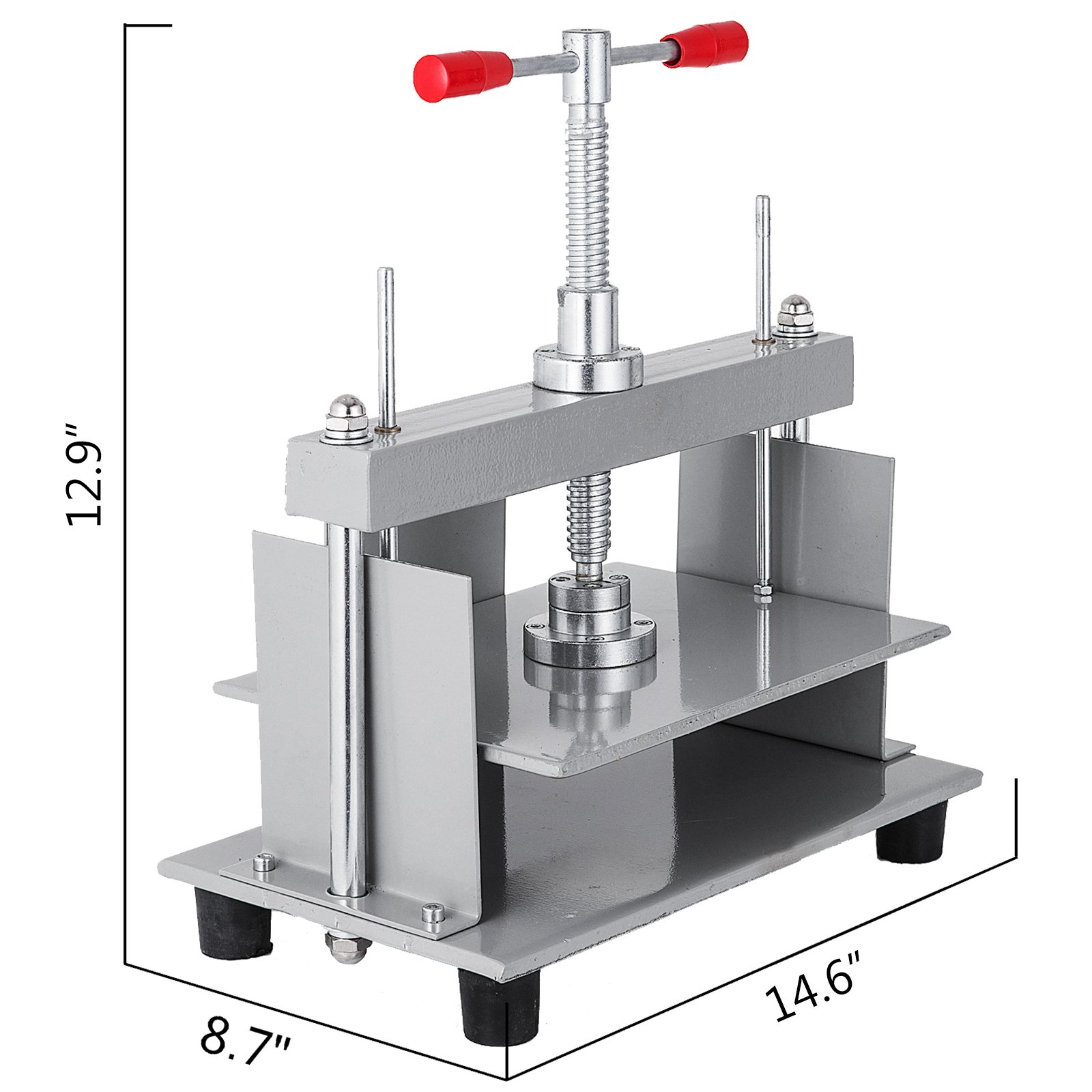VEVOR manual paper press machine with red handles, sturdy metal frame, and dimensional details.