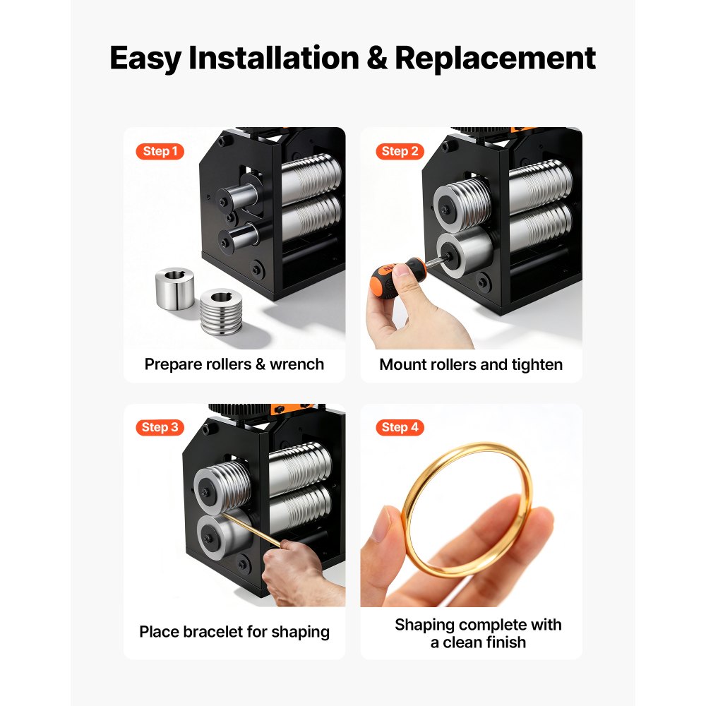 VEVOR Replacement Roller for Rolling Mill 1 Half-Round & 1 Flat Roller, Jewelry DIY Tool Accessory Parts, 7 Sizes Grooves, Premium Alloy Steel, for Pressing Ductile Metals, Gold, Silver, Copper