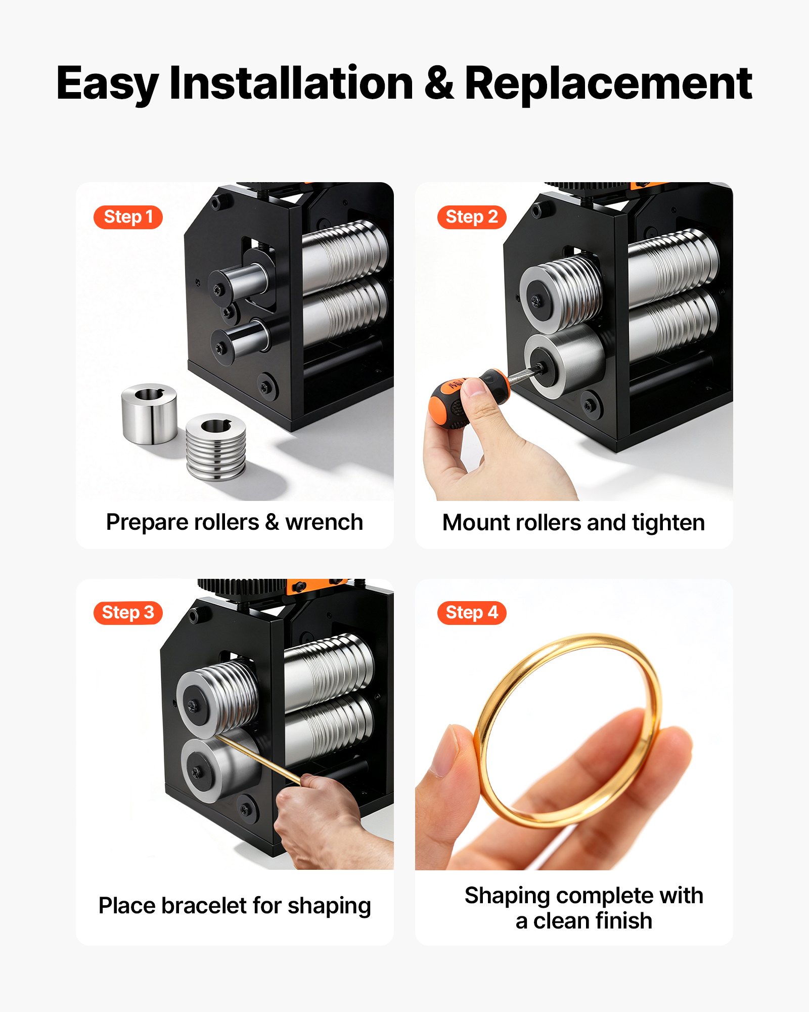 VEVOR Replacement Roller for Rolling Mill 1 Half-Round & 1 Flat Roller, Jewelry DIY Tool Accessory Parts, 7 Sizes Grooves, Premium Alloy Steel, for Pressing Ductile Metals, Gold, Silver, Copper