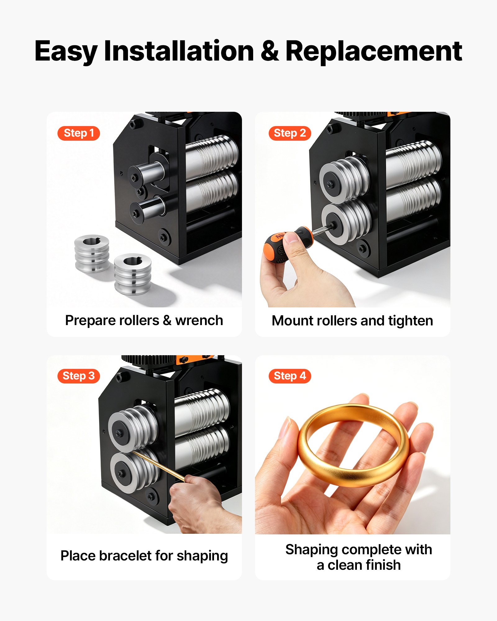 VEVOR Replacement Roller for Rolling Mill 3 Sizes Grooves 2 Domed Rollers, Jewelry DIY Tool Accessory Parts, Premium Alloy Steel, Easy Installation, for Pressing Ductile Metals, Gold, Silver, Brass