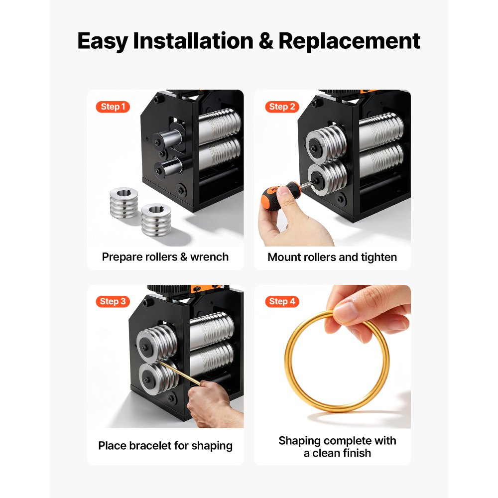 VEVOR Replacement Roller for Rolling Mill 4 Sizes Grooves 2 Round Rollers, Jewelry DIY Tool Accessory Parts, Premium Alloy Steel, Easy Installation, for Pressing Ductile Metals, Gold, Silver, Brass
